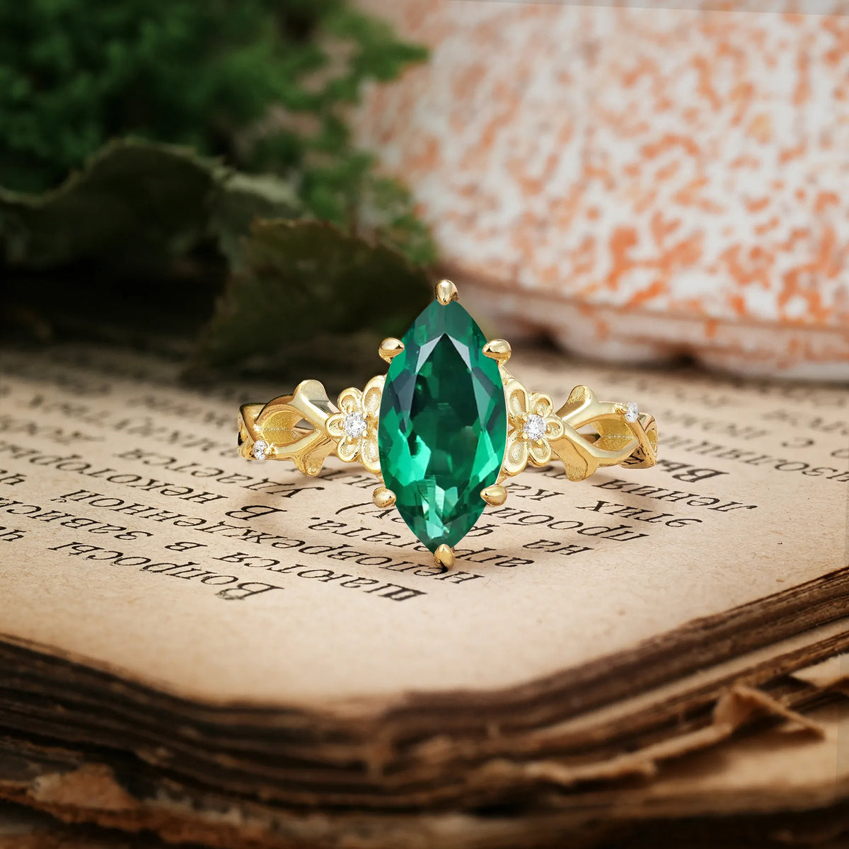 Marquise Cut Solitaire Open Floral Vine Filigree Side Accent Emerald Engagement Ring