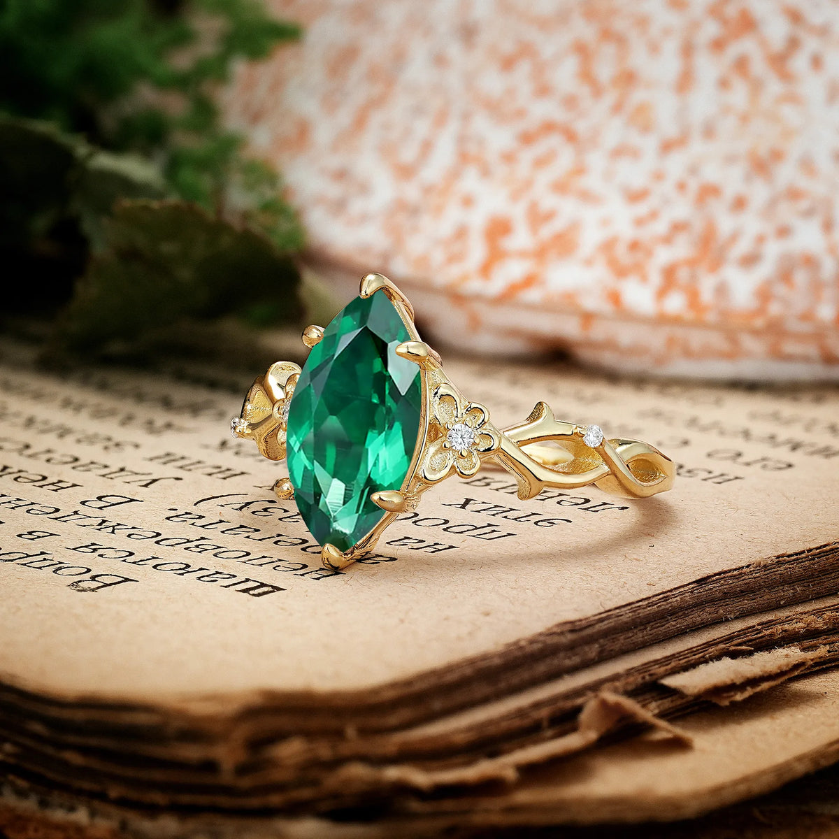 Marquise Cut Solitaire Open Floral Vine Filigree Side Accent Emerald Engagement Ring