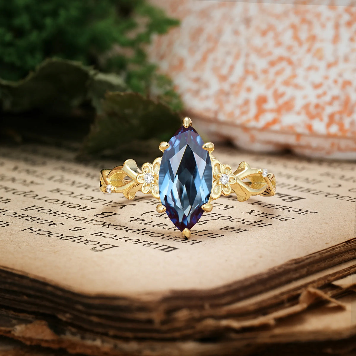 Marquise Cut Solitaire Open Floral Vine Filigree Side Accent Alexandrite Engagement Ring