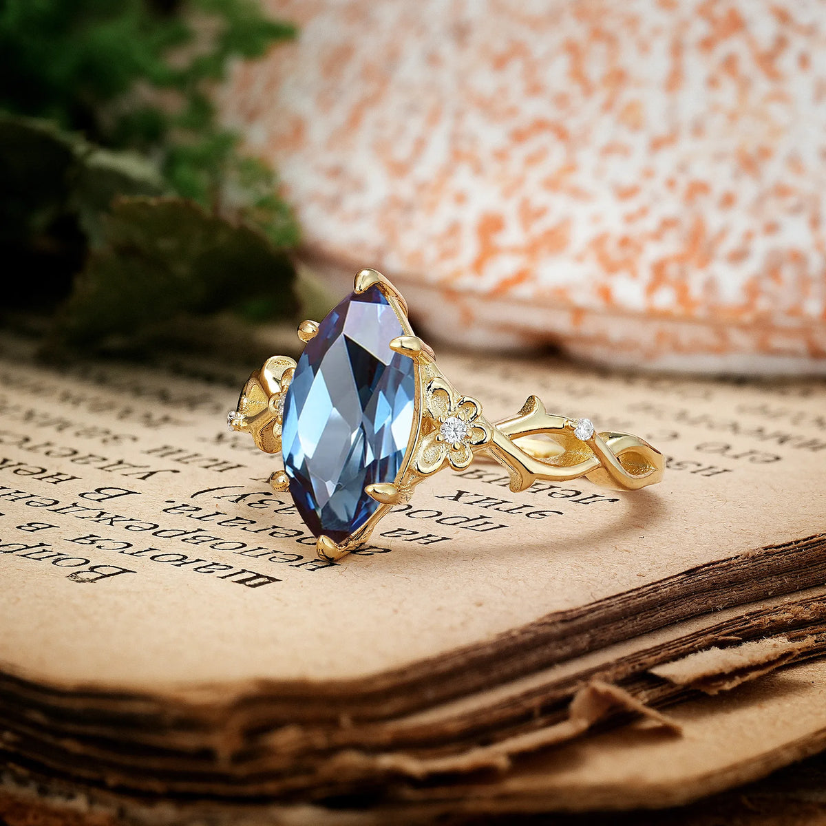 Marquise Cut Solitaire Open Floral Vine Filigree Side Accent Alexandrite Engagement Ring
