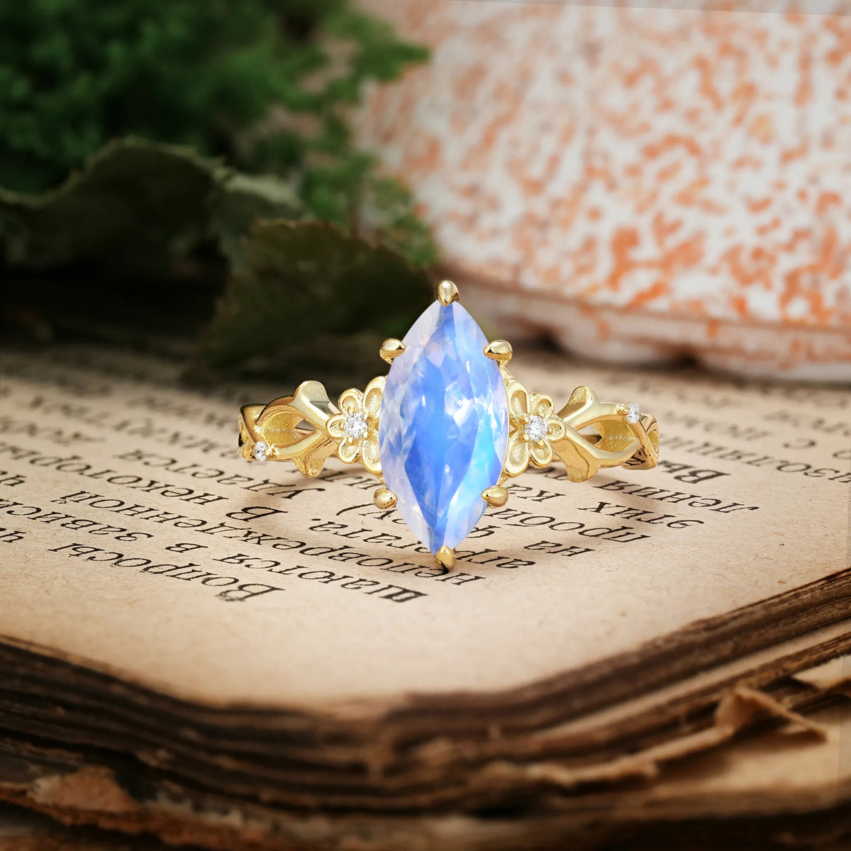 Marquise Cut Solitaire Open Floral Vine Filigree Side Accent Moonstone Engagement Ring
