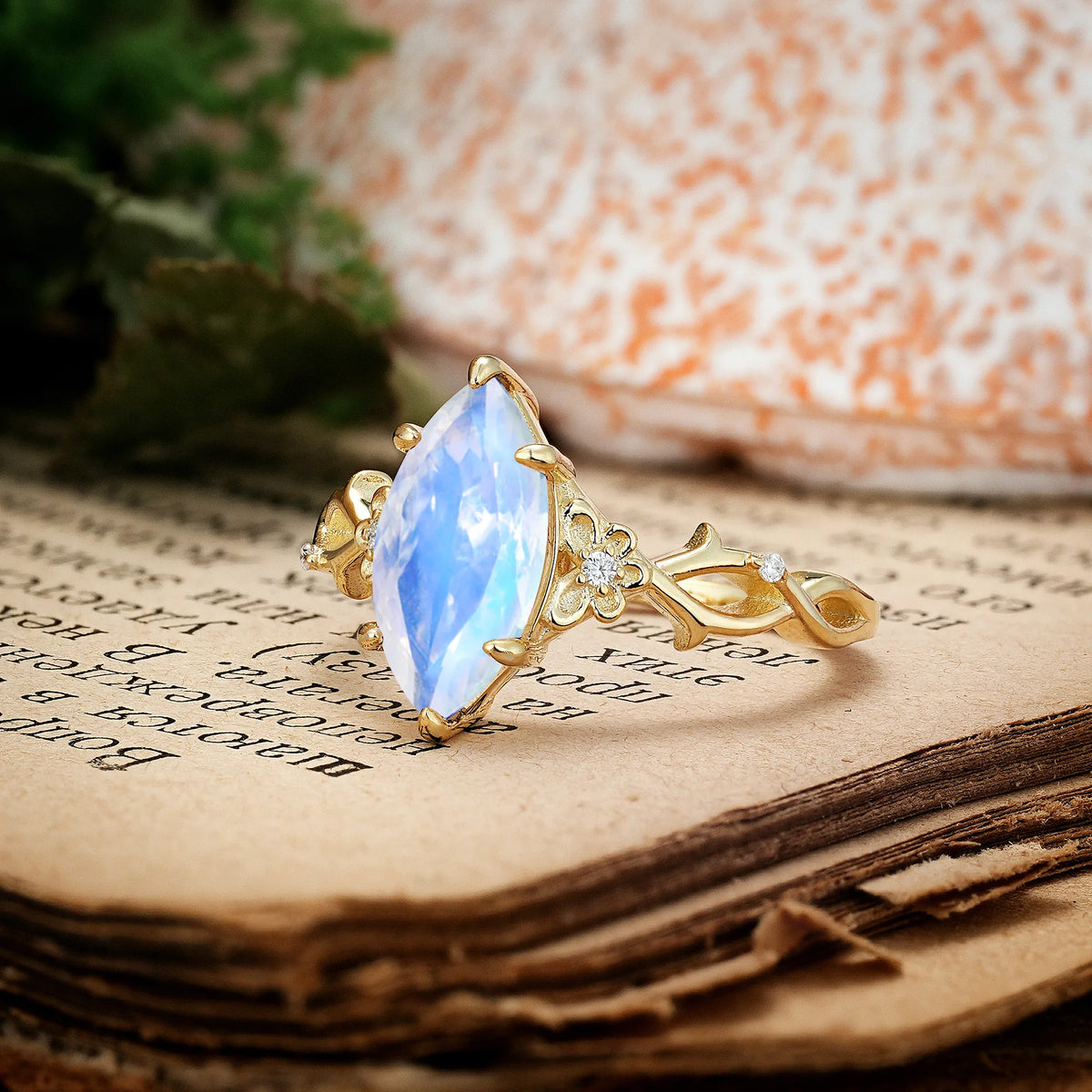 Marquise Cut Solitaire Open Floral Vine Filigree Side Accent Moonstone Engagement Ring