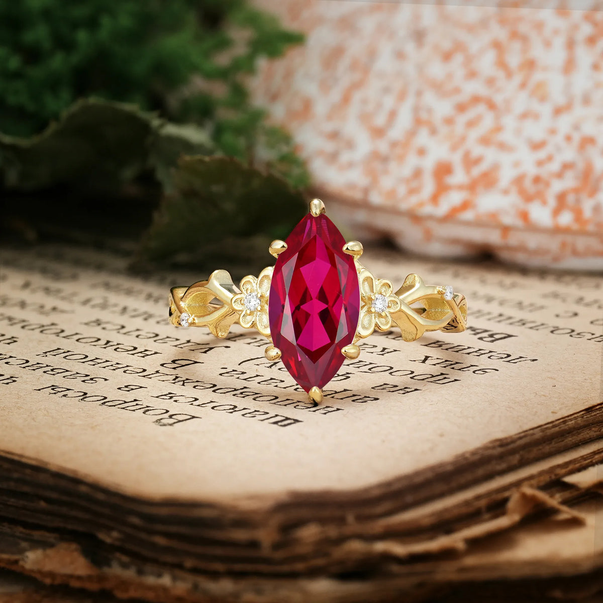 Marquise Cut Solitaire Open Floral Vine Filigree Side Accent Ruby Engagement Ring