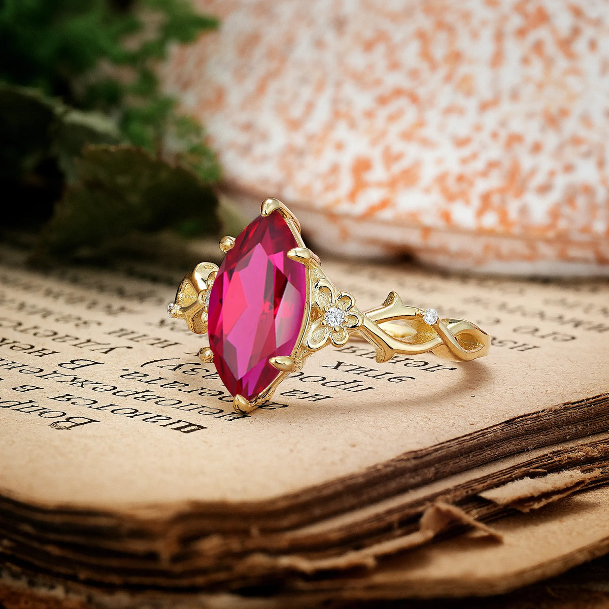 Marquise Cut Solitaire Open Floral Vine Filigree Side Accent Ruby Engagement Ring
