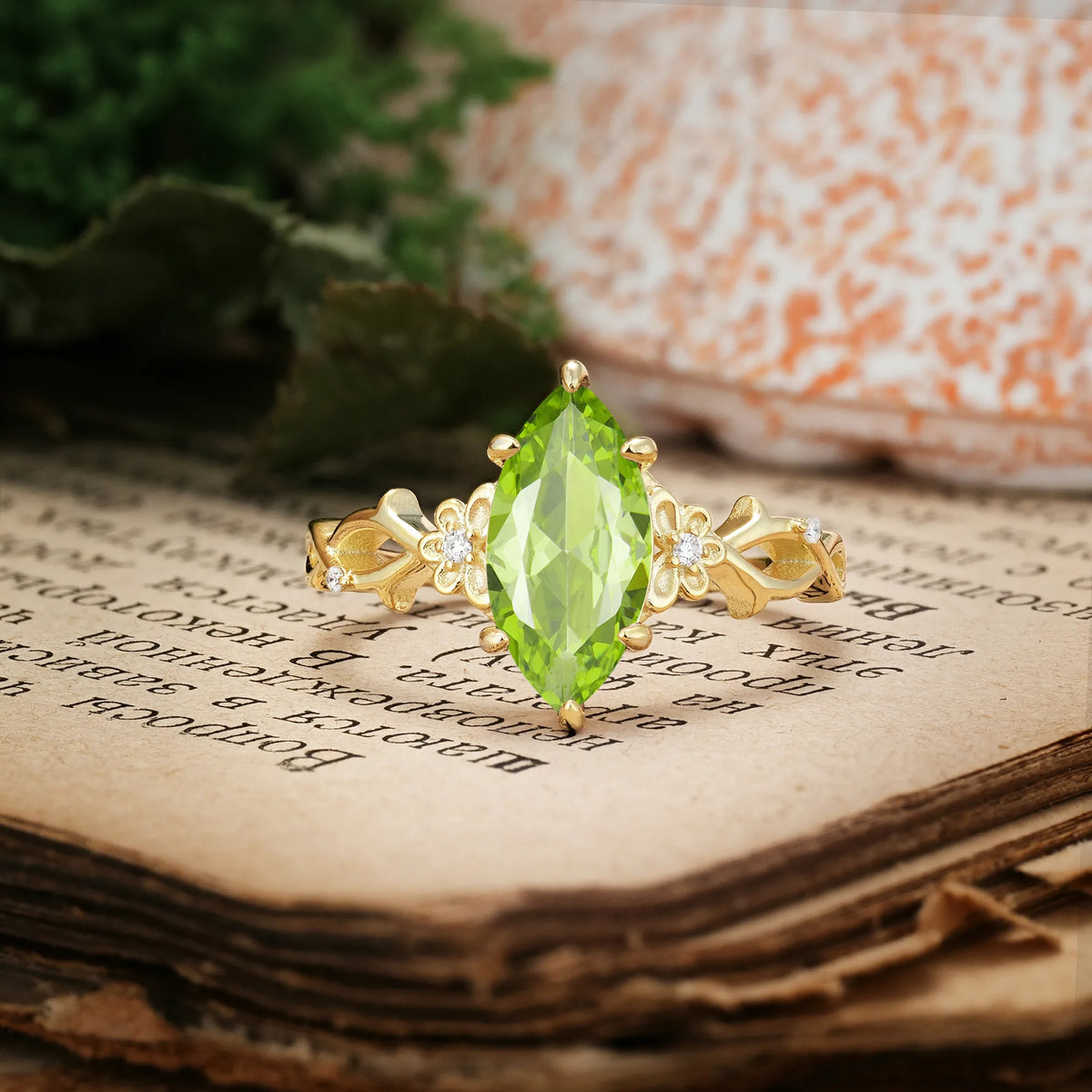 Marquise Cut Solitaire Open Floral Vine Filigree Side Accent Peridot Engagement Ring