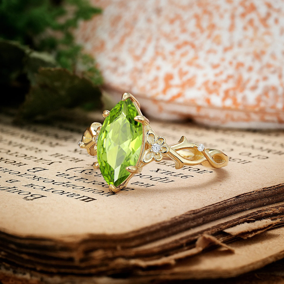 Marquise Cut Solitaire Open Floral Vine Filigree Side Accent Peridot Engagement Ring