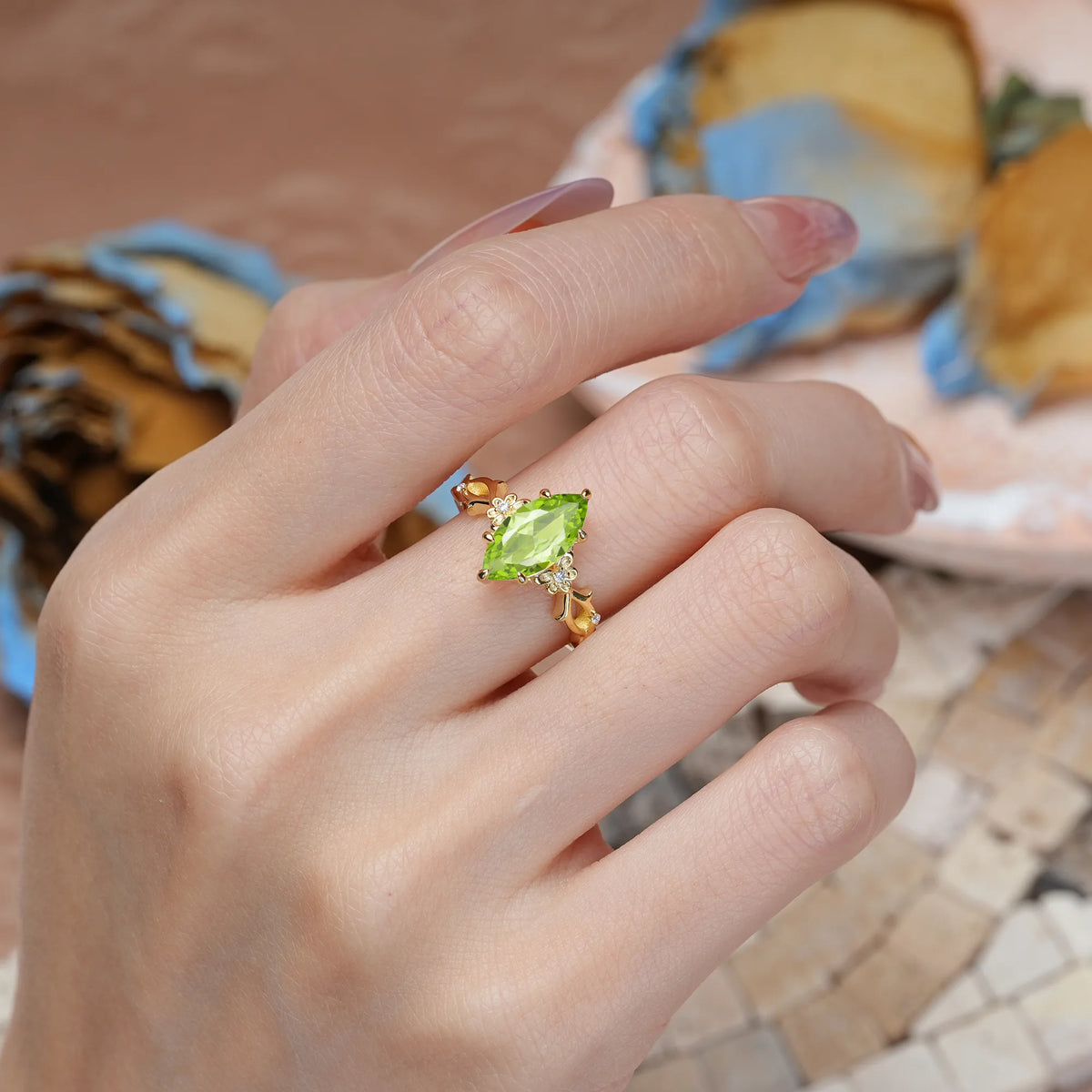 Marquise Cut Peridot Solitaire Open Floral Vine Filigree Side Accent Engagement Ring