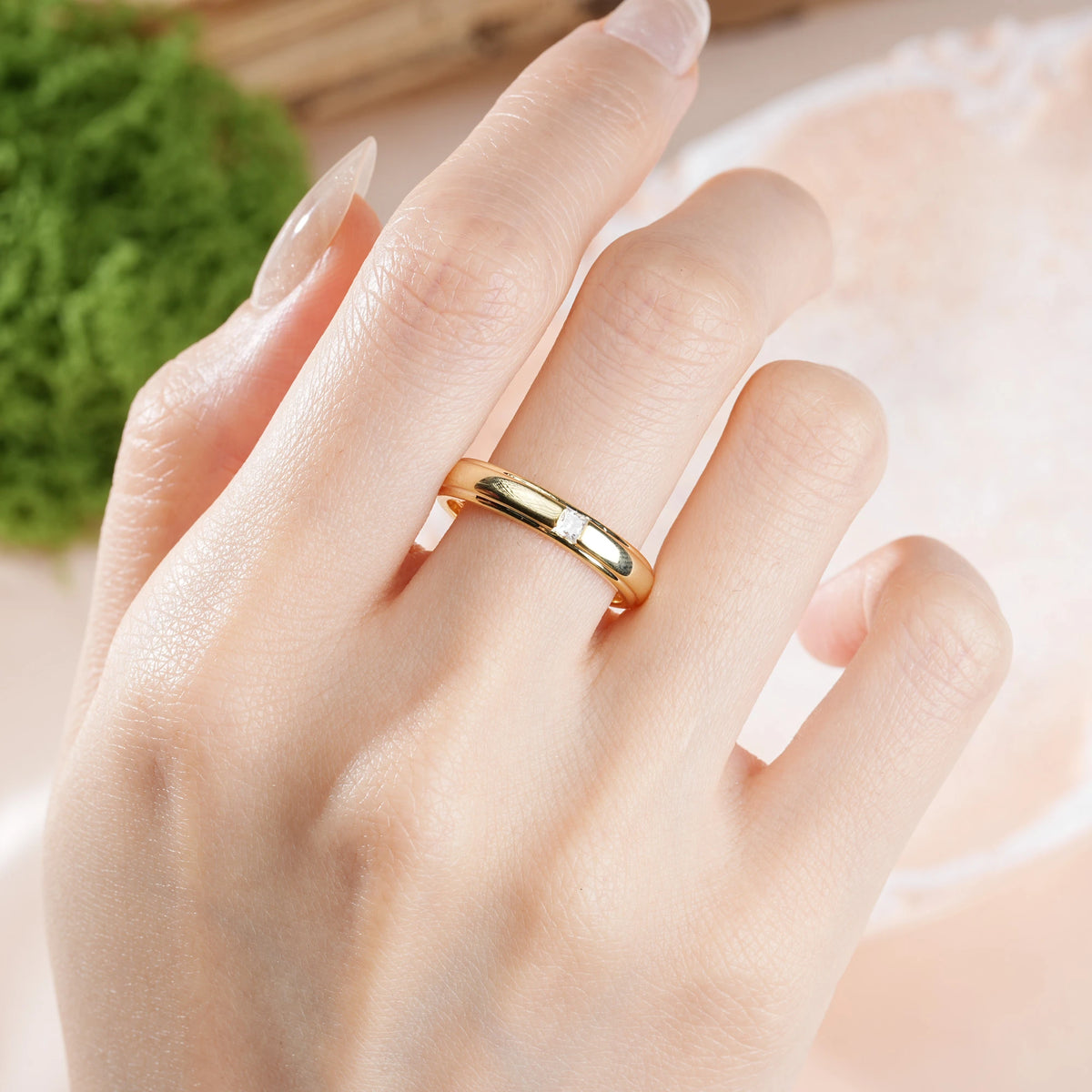Princess Cut Moissanite Wide Domed Comfort Fit Exterior Single Inset Interior Embossed Floral Vine Wedding Ring