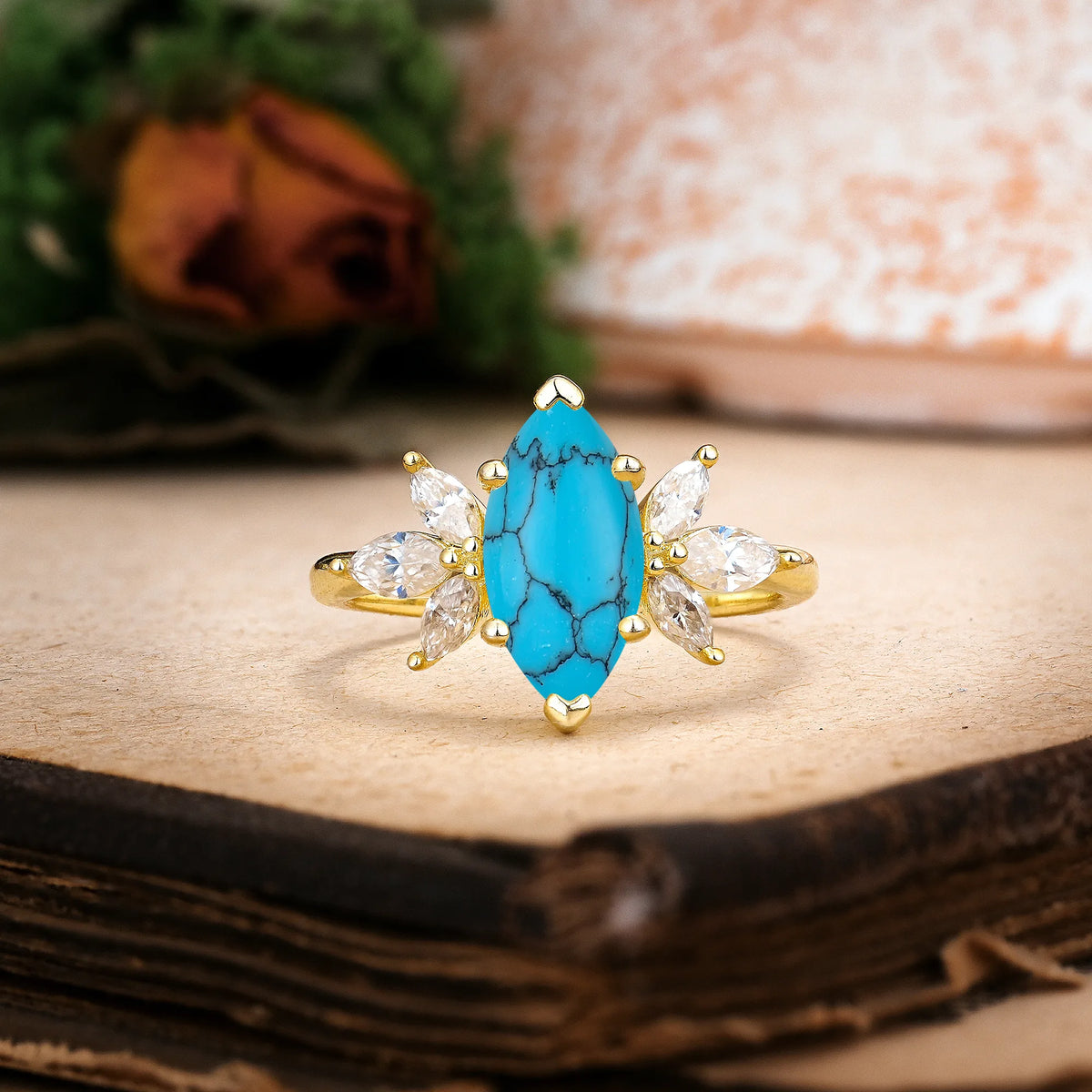 Marquise Cut Turquoise Large Marquise Center Solitaire Symmetric Three Side Petal Engagement Ring