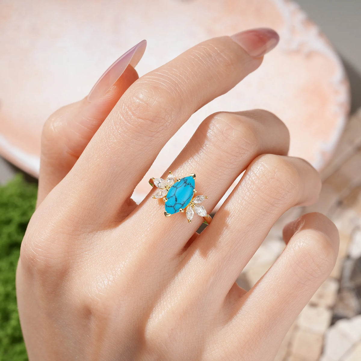 Marquise Cut Turquoise Large Marquise Center Solitaire Symmetric Three Side Petal Engagement Ring