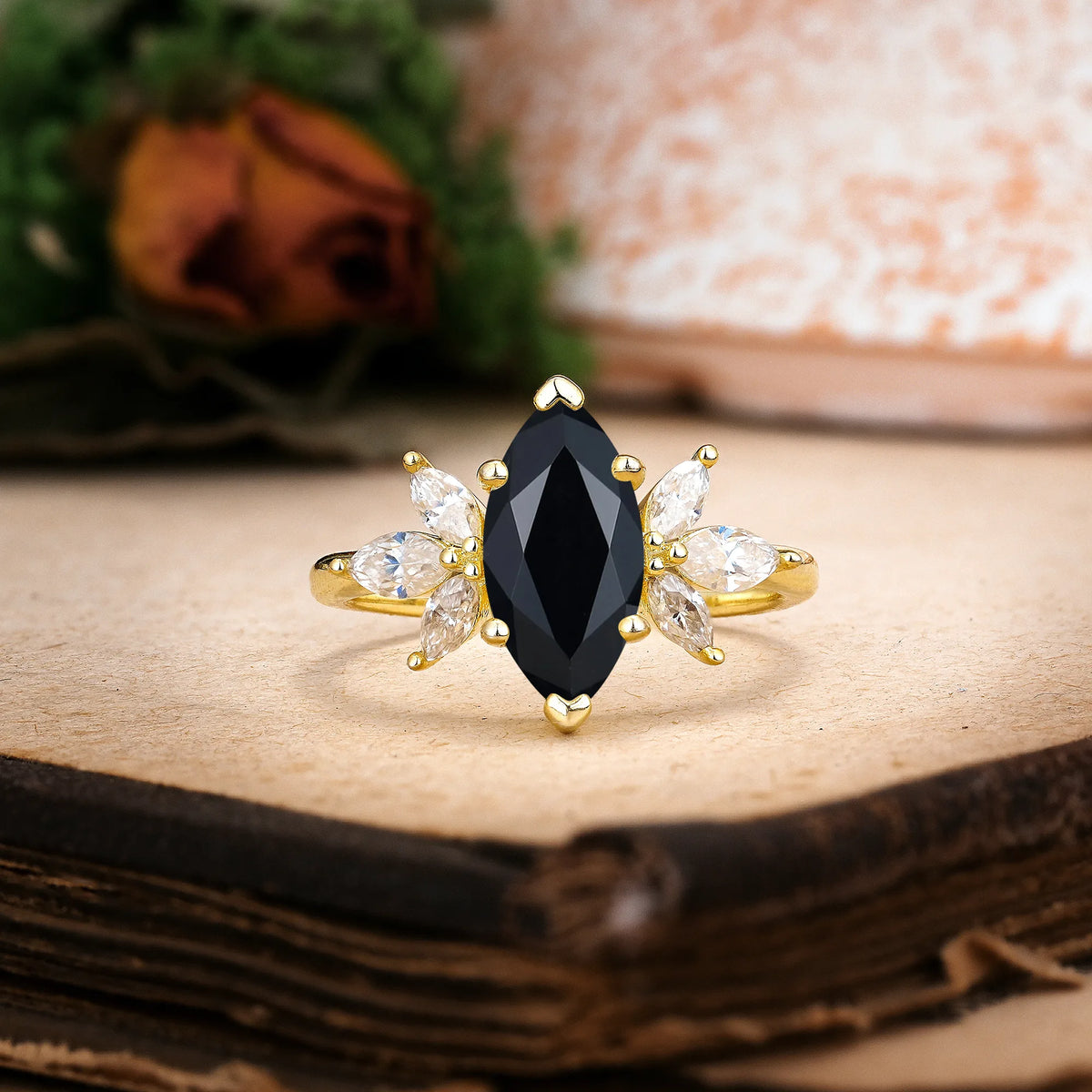 Marquise Cut Black Onyx Large Marquise Center Solitaire Symmetric Three Side Petal Engagement Ring