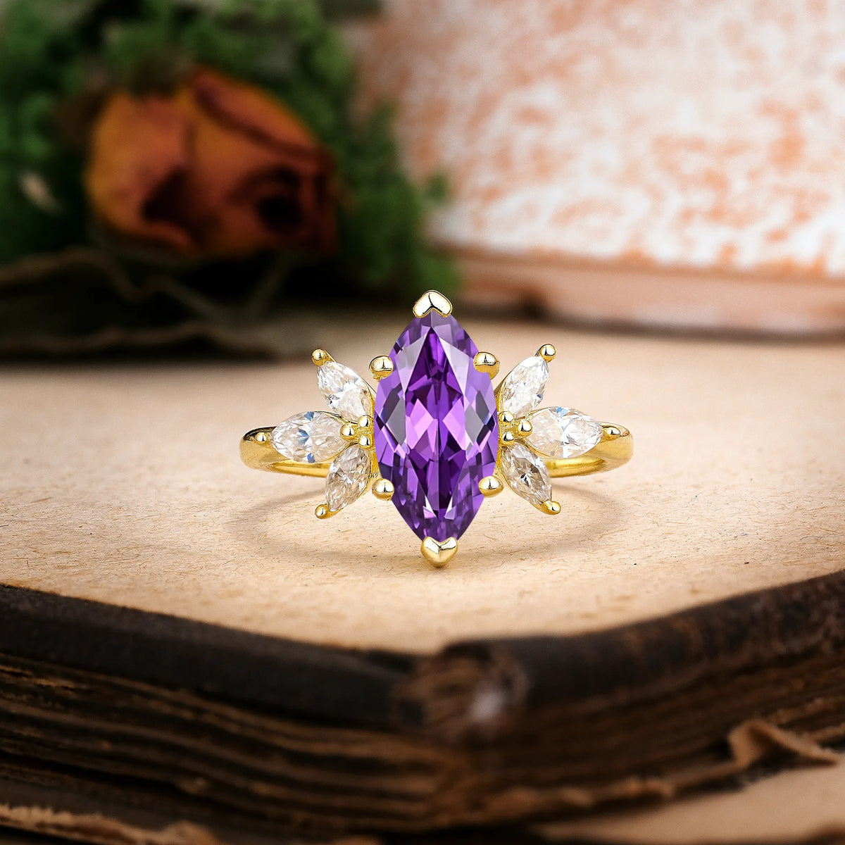 Marquise Cut Amethyst Large Marquise Center Solitaire Symmetric Three Side Petal Engagement Ring