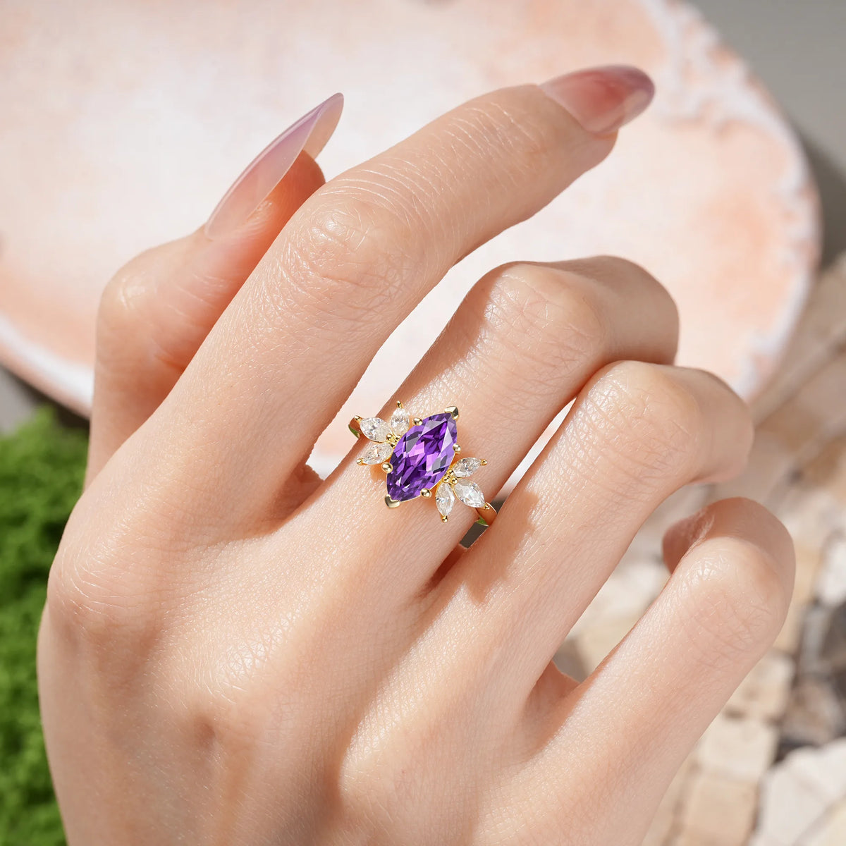 Marquise Cut Amethyst Large Marquise Center Solitaire Symmetric Three Side Petal Engagement Ring