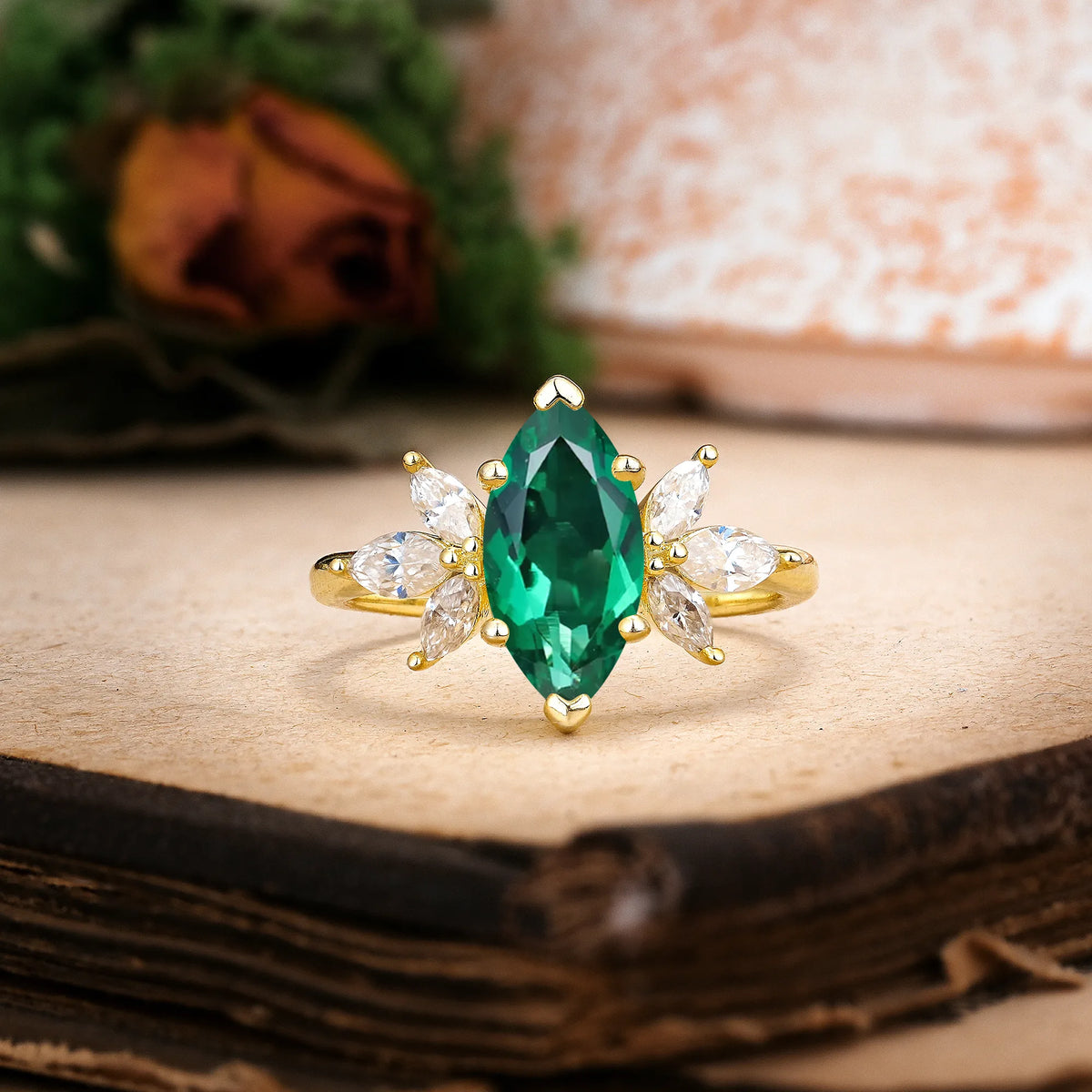 Marquise Cut Emerald Large Marquise Center Solitaire Symmetric Three Side Petal Engagement Ring