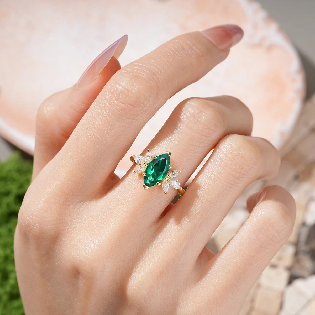 Marquise Cut Emerald Large Marquise Center Solitaire Symmetric Three Side Petal Engagement Ring