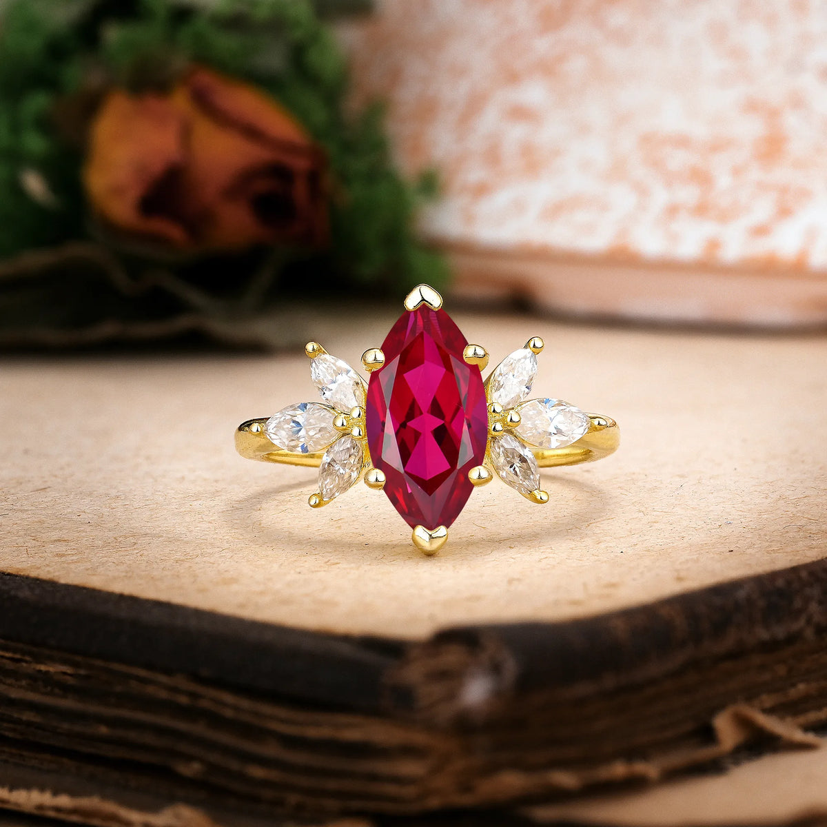 Marquise Cut Ruby Large Marquise Center Solitaire Symmetric Three Side Petal Engagement Ring