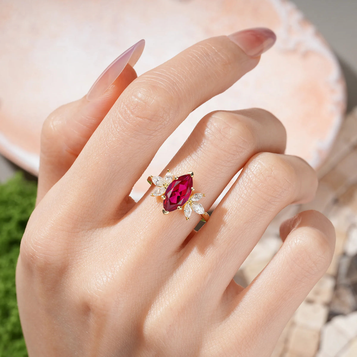 Marquise Cut Ruby Large Marquise Center Solitaire Symmetric Three Side Petal Engagement Ring