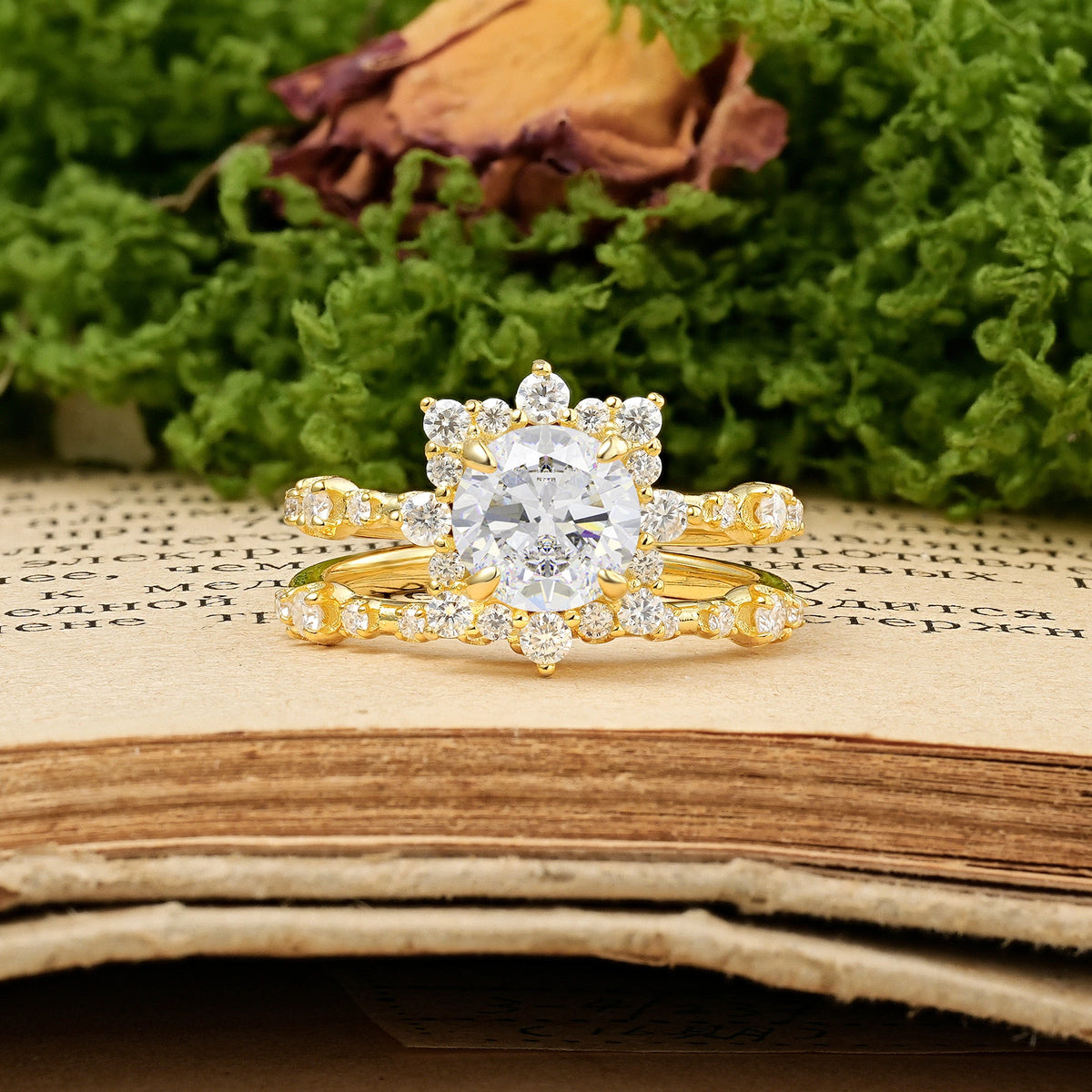 Round Cut Moissanite Rainbow Flash Floral Halo Twisted Arm Mini Accent Bridal Ring Set