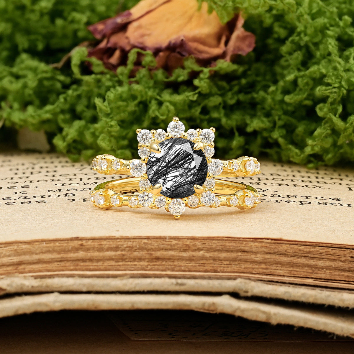 Round Cut Black Rutilated Quartz Rainbow Flash Floral Halo Twisted Arm Mini Accent Bridal Ring Set