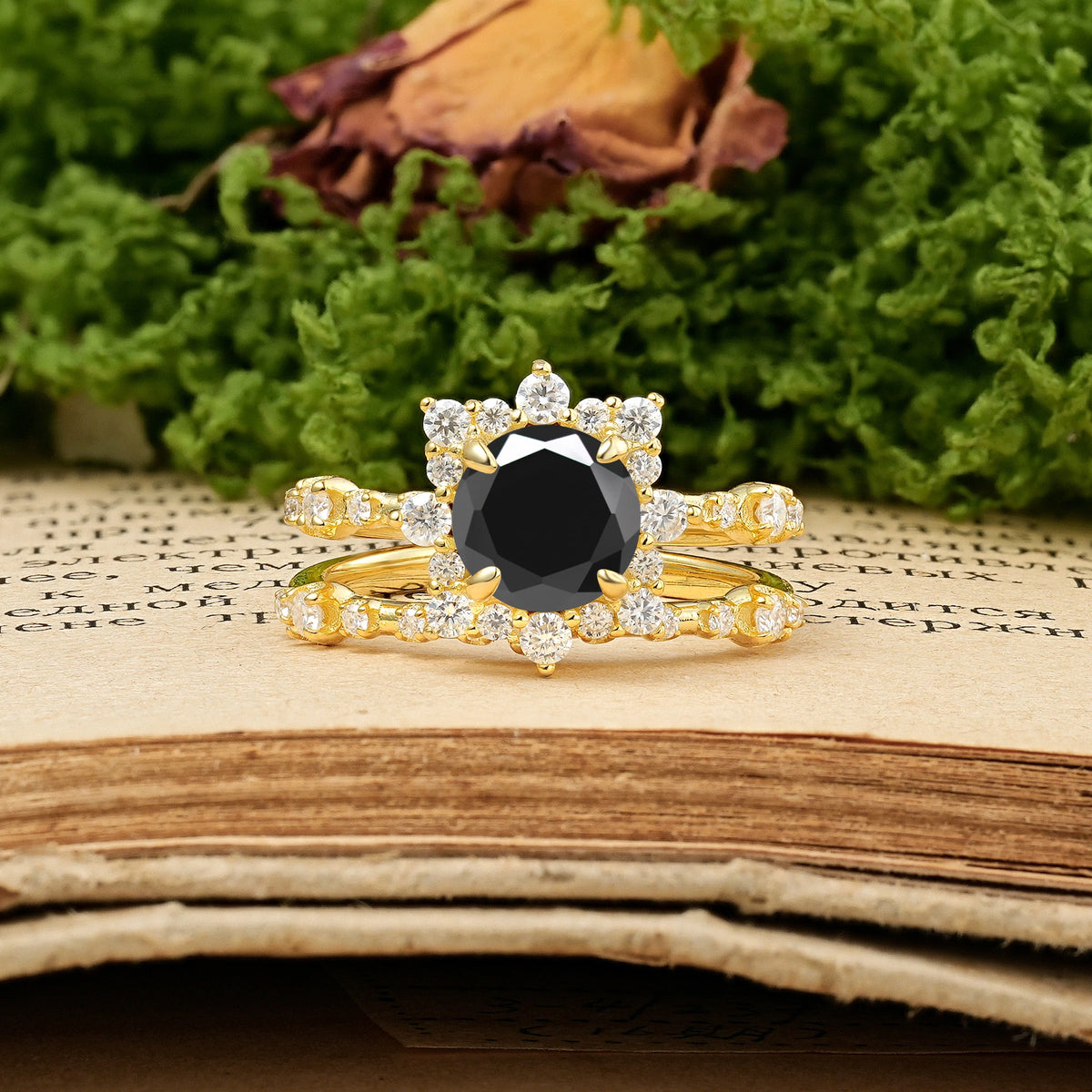 Round Cut Black Onyx Rainbow Flash Floral Halo Twisted Arm Mini Accent Bridal Ring Set