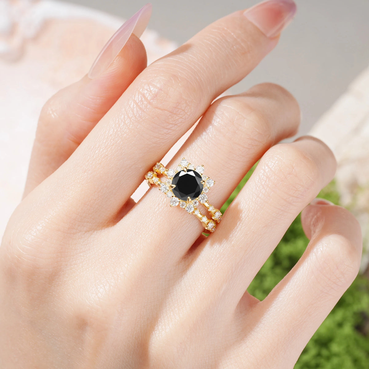 Round Cut Black Onyx Rainbow Flash Floral Halo Twisted Arm Mini Accent Bridal Ring Set