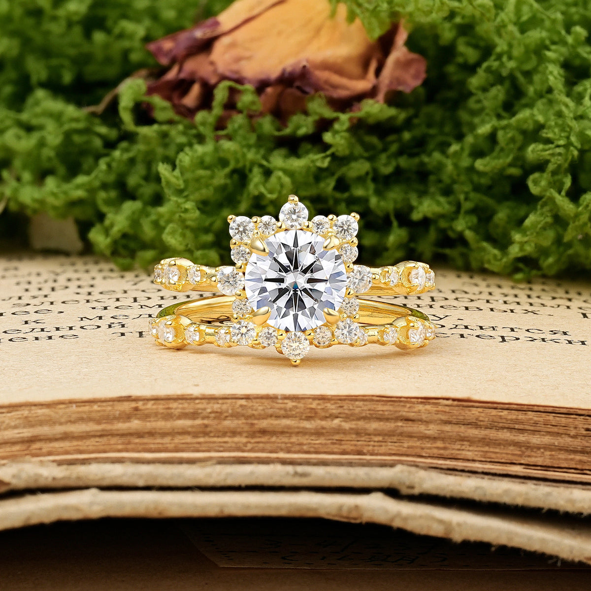 Round Cut Lab Diamond Rainbow Flash Floral Halo Twisted Arm Mini Accent Bridal Ring Set