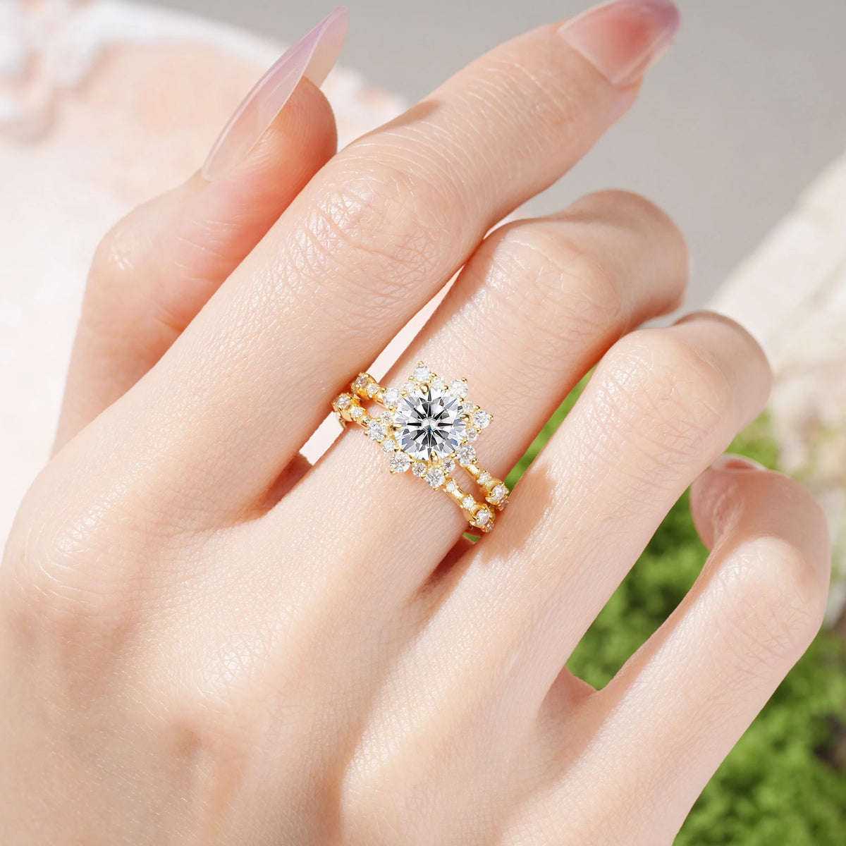 Round Cut Lab Diamond Rainbow Flash Floral Halo Twisted Arm Mini Accent Bridal Ring Set