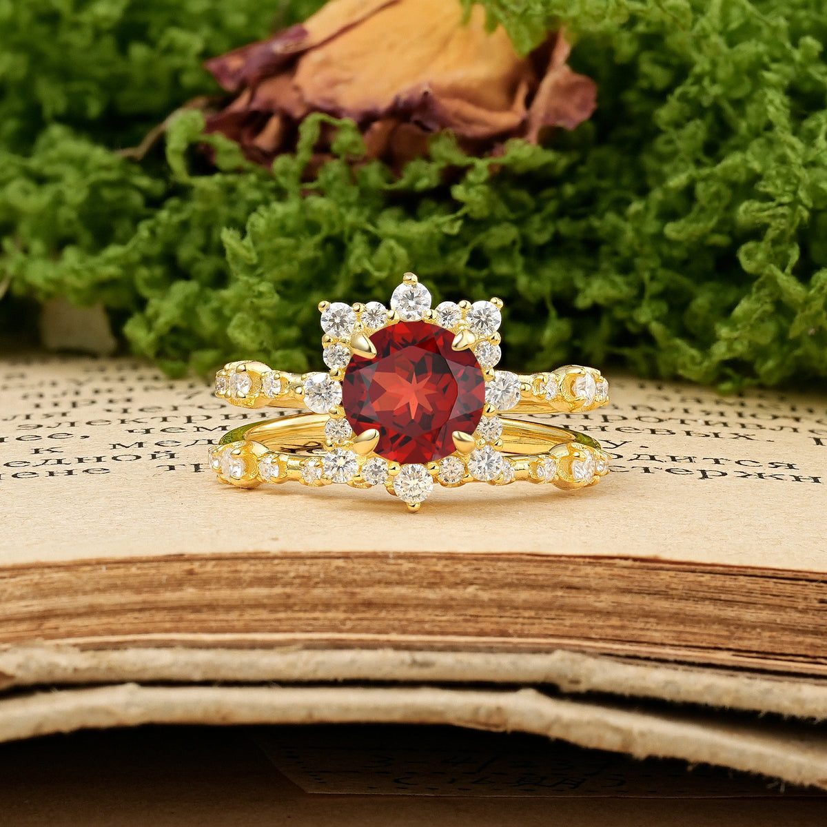 Round Cut Garnet Rainbow Flash Floral Halo Twisted Arm Mini Accent Bridal Ring Set
