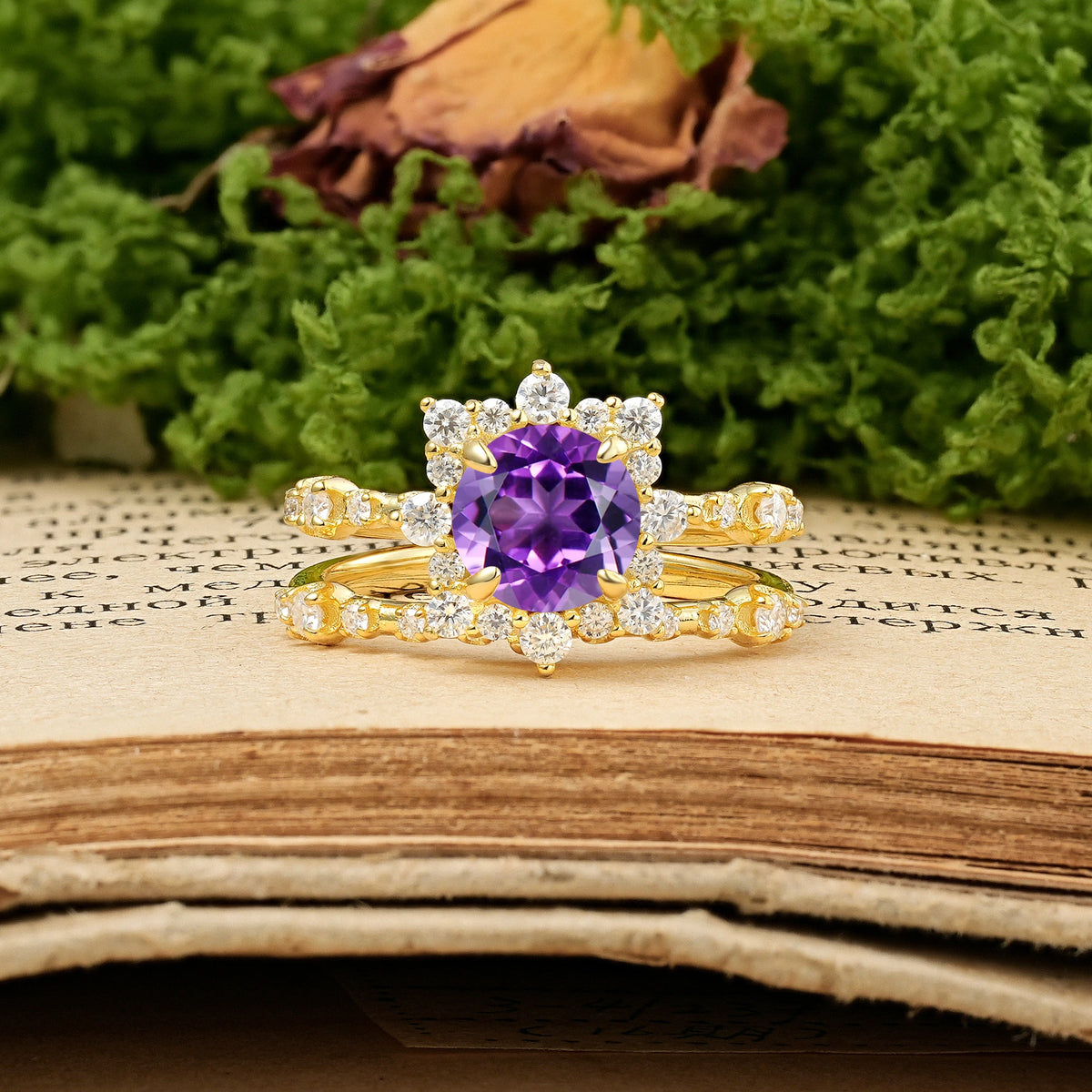 Round Cut Amethyst Rainbow Flash Floral Halo Twisted Arm Mini Accent Bridal Ring Set