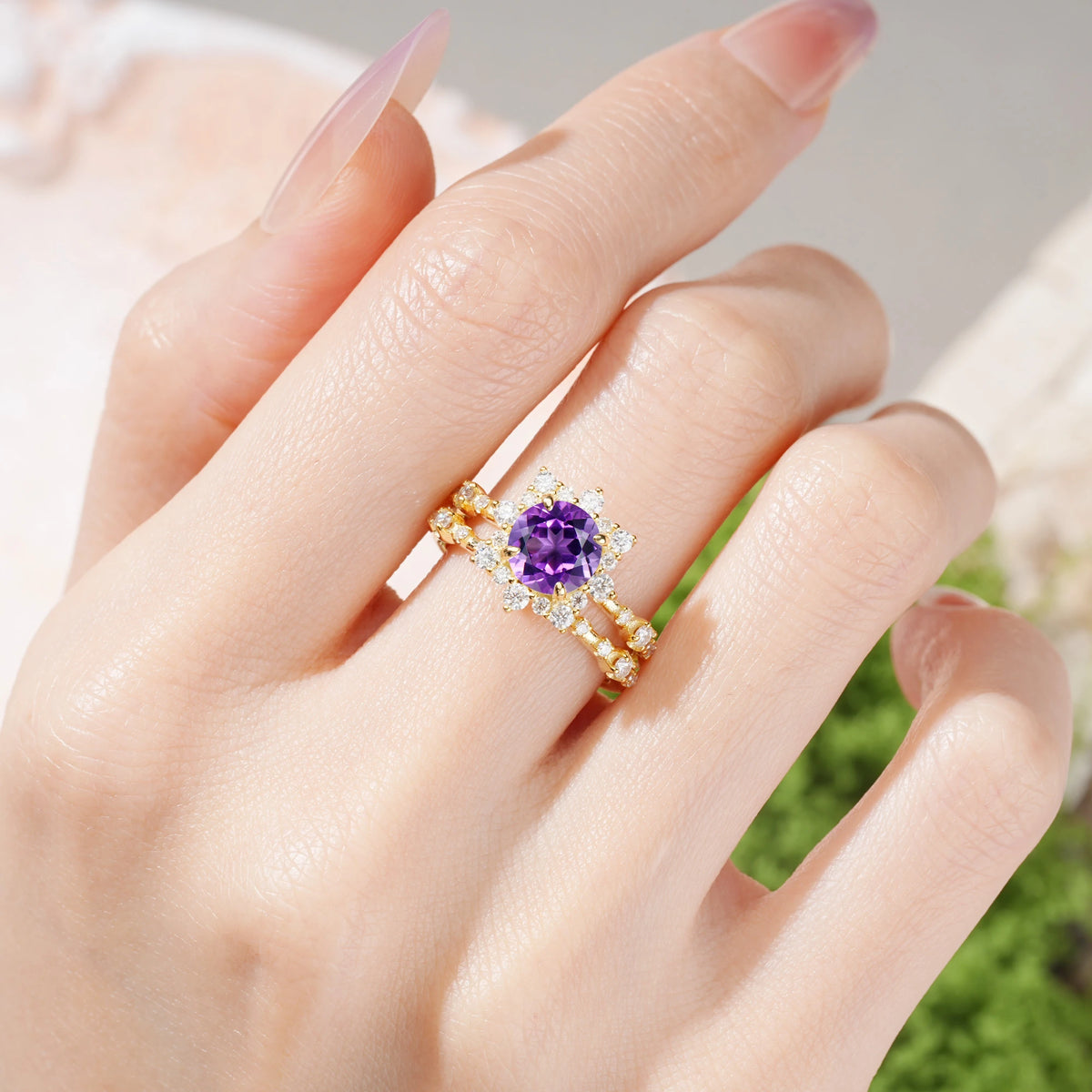 Round Cut Amethyst Rainbow Flash Floral Halo Twisted Arm Mini Accent Bridal Ring Set