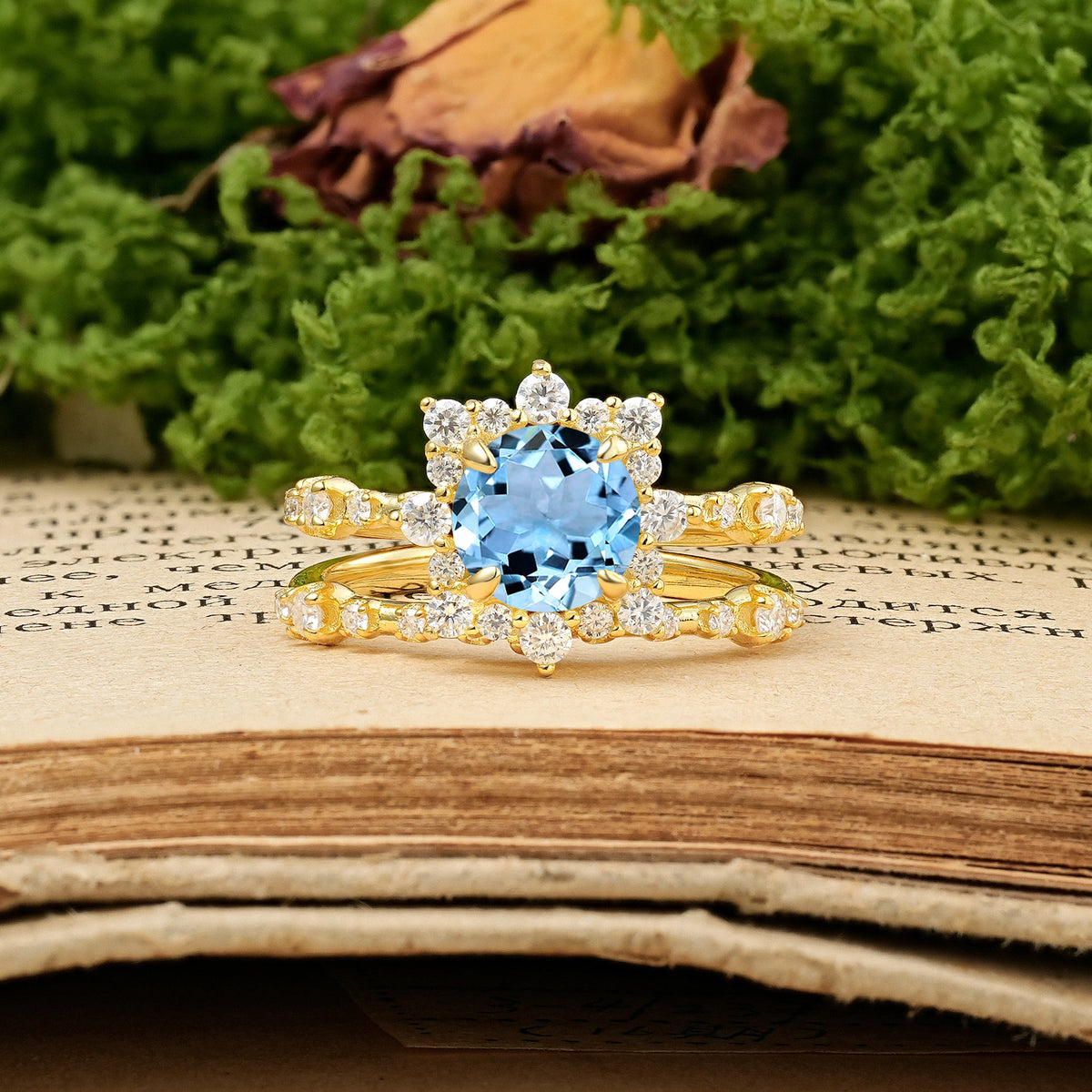 Round Cut Aquamarine Rainbow Flash Floral Halo Twisted Arm Mini Accent Bridal Ring Set