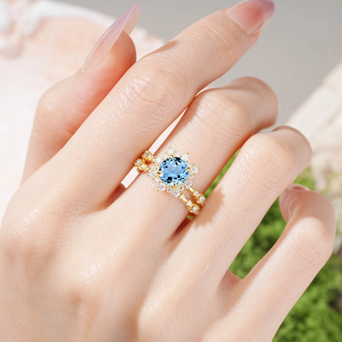 Round Cut Aquamarine Rainbow Flash Floral Halo Twisted Arm Mini Accent Bridal Ring Set