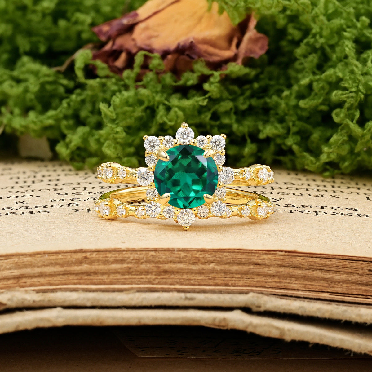 Round Cut Emerald Rainbow Flash Floral Halo Twisted Arm Mini Accent Bridal Ring Set