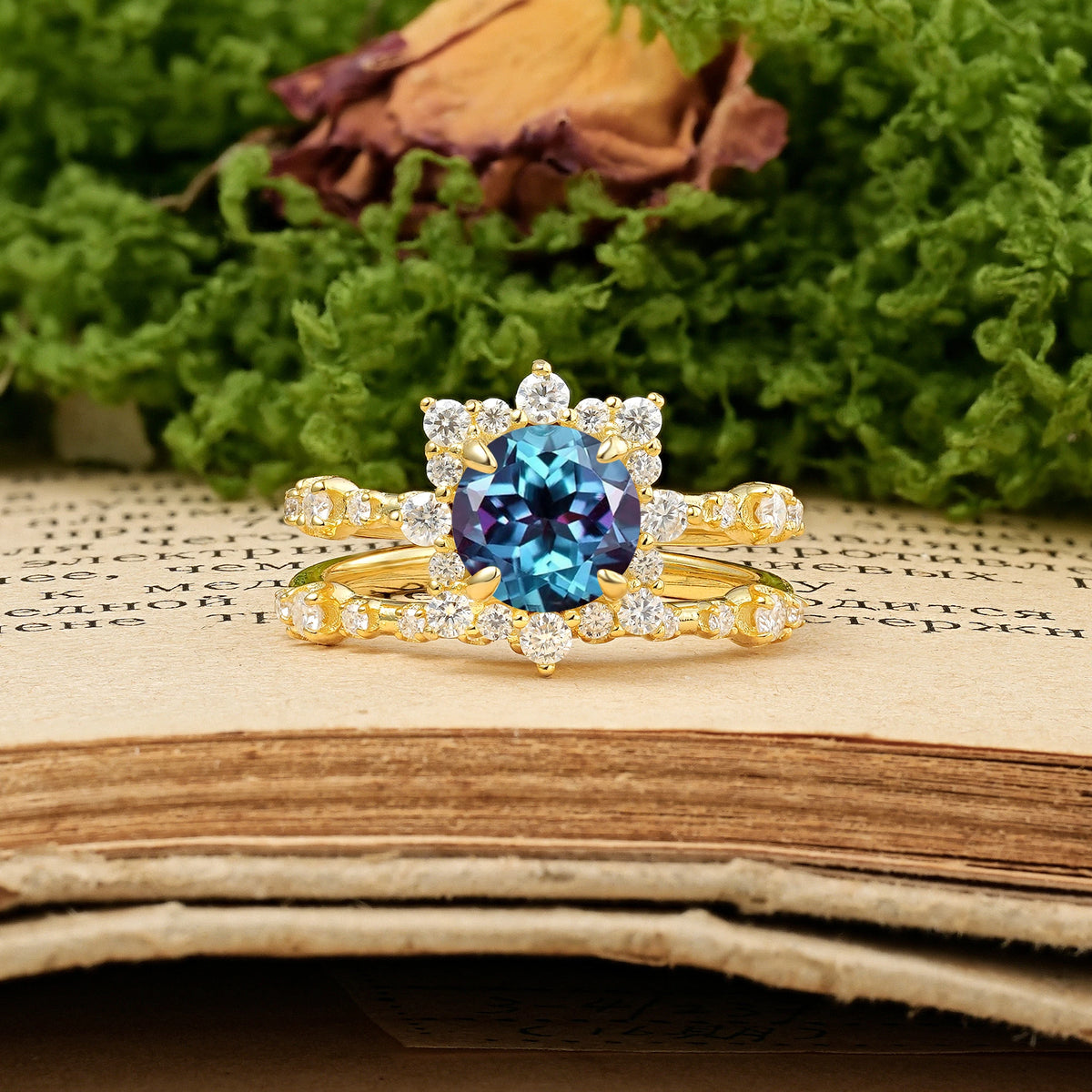 Round Cut Alexandrite Rainbow Flash Floral Halo Twisted Arm Mini Accent Bridal Ring Set