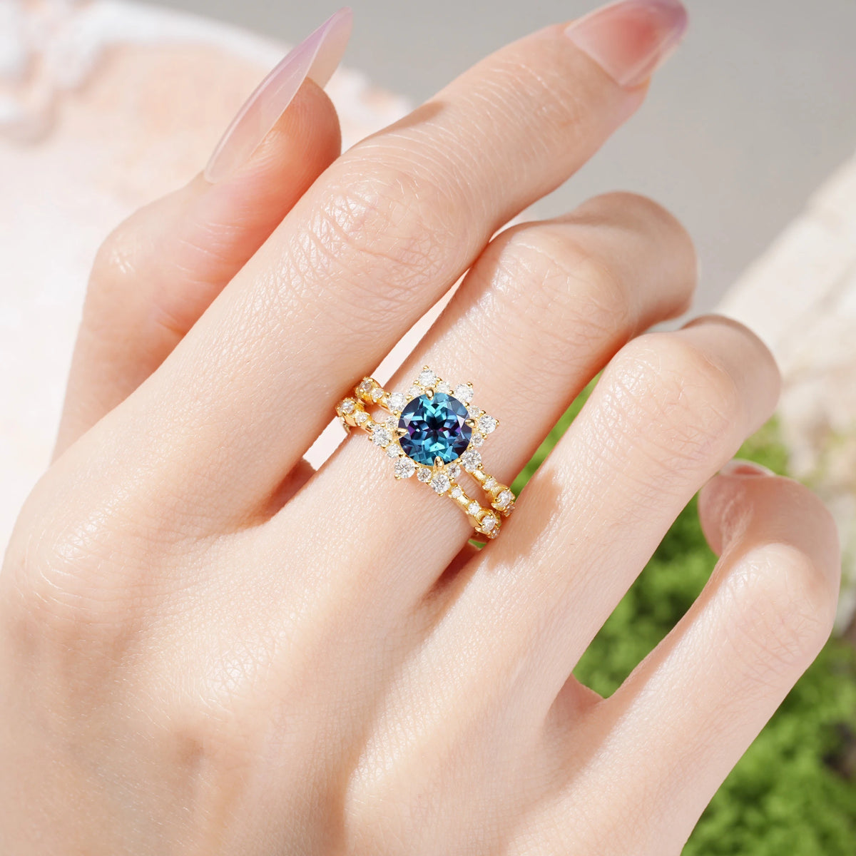 Round Cut Alexandrite Rainbow Flash Floral Halo Twisted Arm Mini Accent Bridal Ring Set