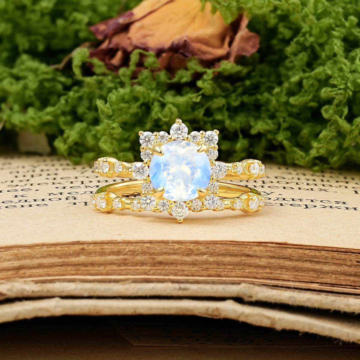 Round Cut Moonstone Rainbow Flash Floral Halo Twisted Arm Mini Accent Bridal Ring Set