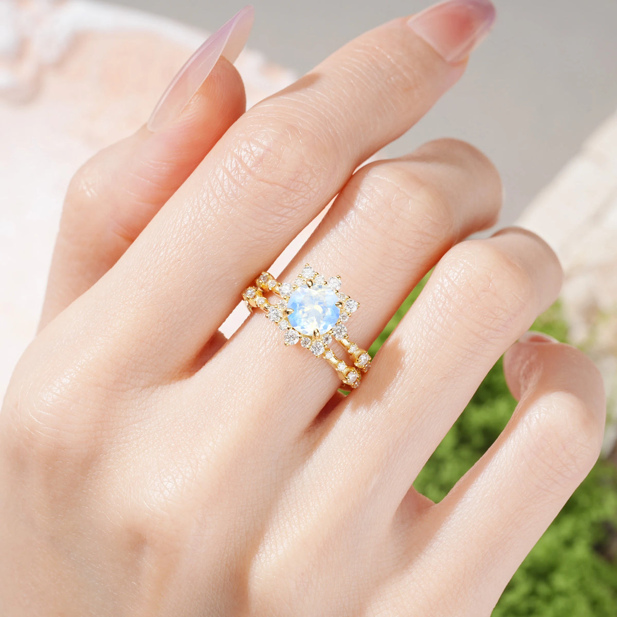 Round Cut Moonstone Rainbow Flash Floral Halo Twisted Arm Mini Accent Bridal Ring Set