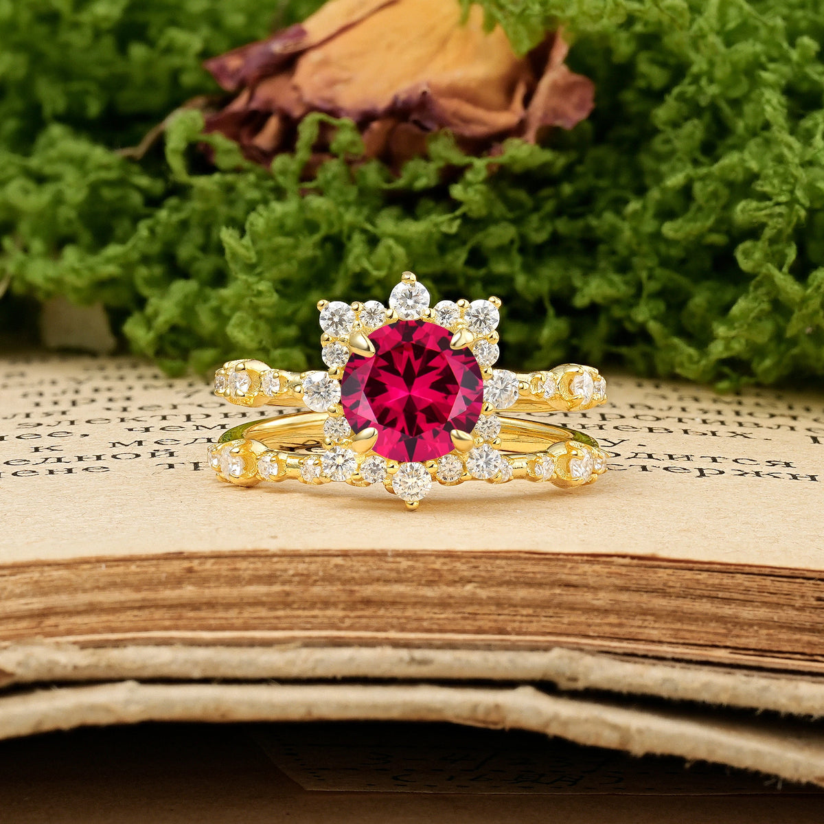 Round Cut Ruby Rainbow Flash Floral Halo Twisted Arm Mini Accent Bridal Ring Set