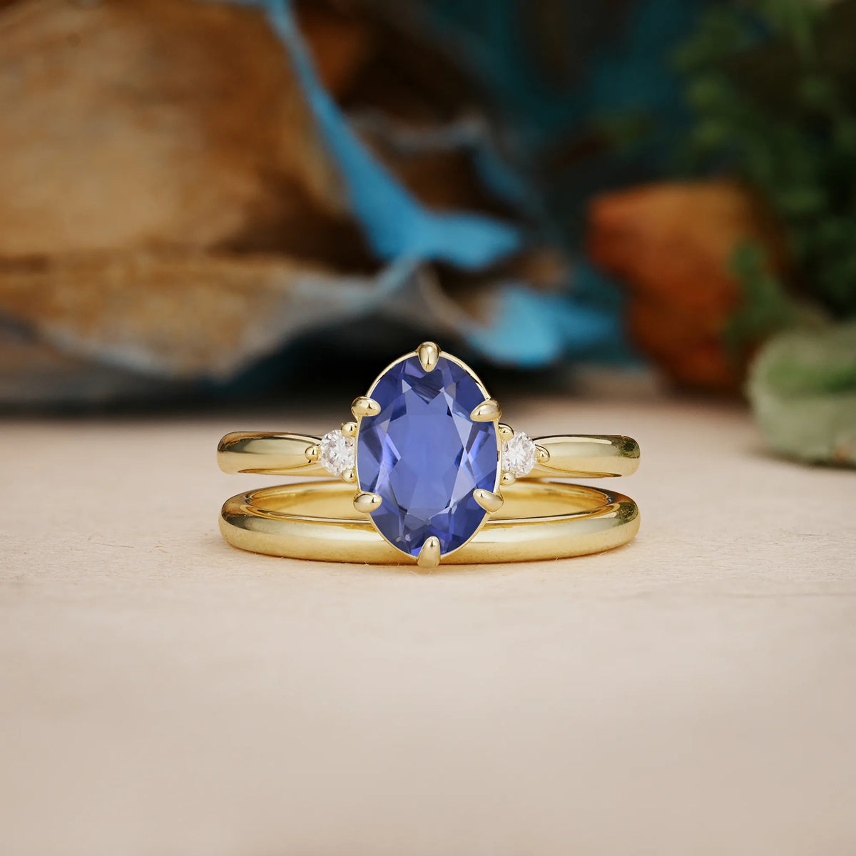 Oval Cut Tanzanite Clean Line Two Piece Main Stone Dual Side Accent Daily Wear Bridal Ring Set