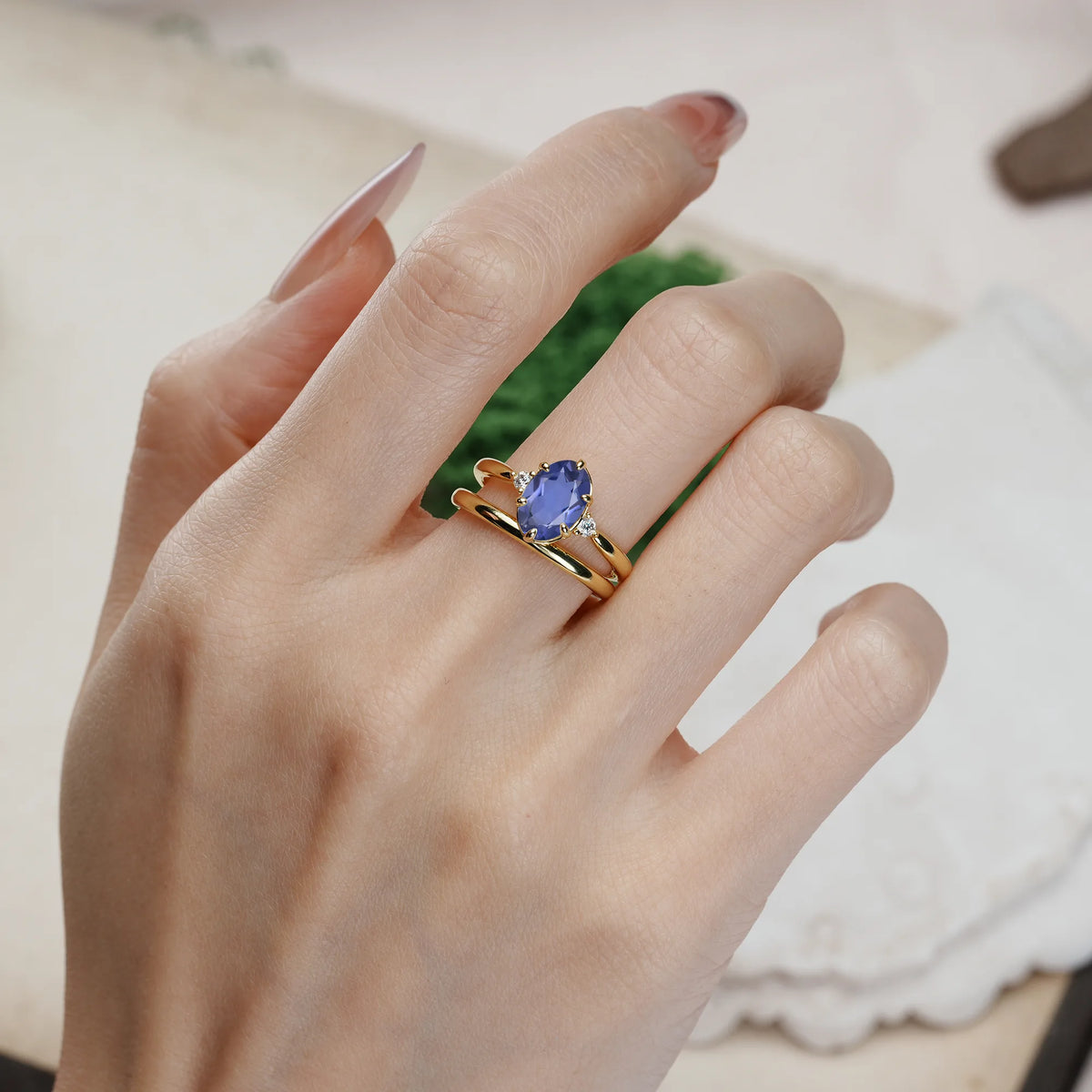 Oval Cut Tanzanite Clean Line Two Piece Main Stone Dual Side Accent Daily Wear Bridal Ring Set