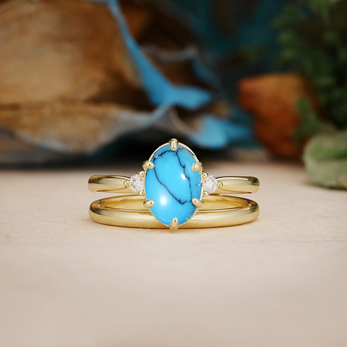 Oval Cut Turquoise Clean Line Two Piece Main Stone Dual Side Accent Daily Wear Bridal Ring Set