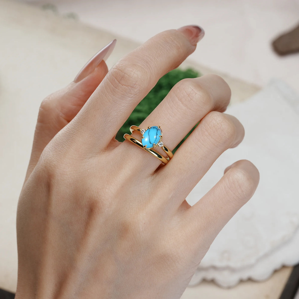 Oval Cut Turquoise Clean Line Two Piece Main Stone Dual Side Accent Daily Wear Bridal Ring Set