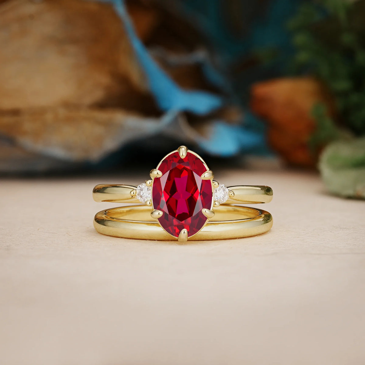 Oval Cut Ruby Clean Line Two Piece Main Stone Dual Side Accent Daily Wear Bridal Ring Set