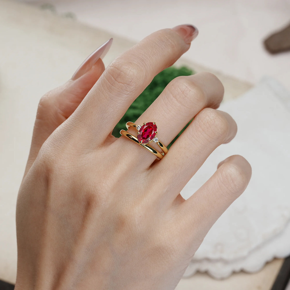 Oval Cut Ruby Clean Line Two Piece Main Stone Dual Side Accent Daily Wear Bridal Ring Set