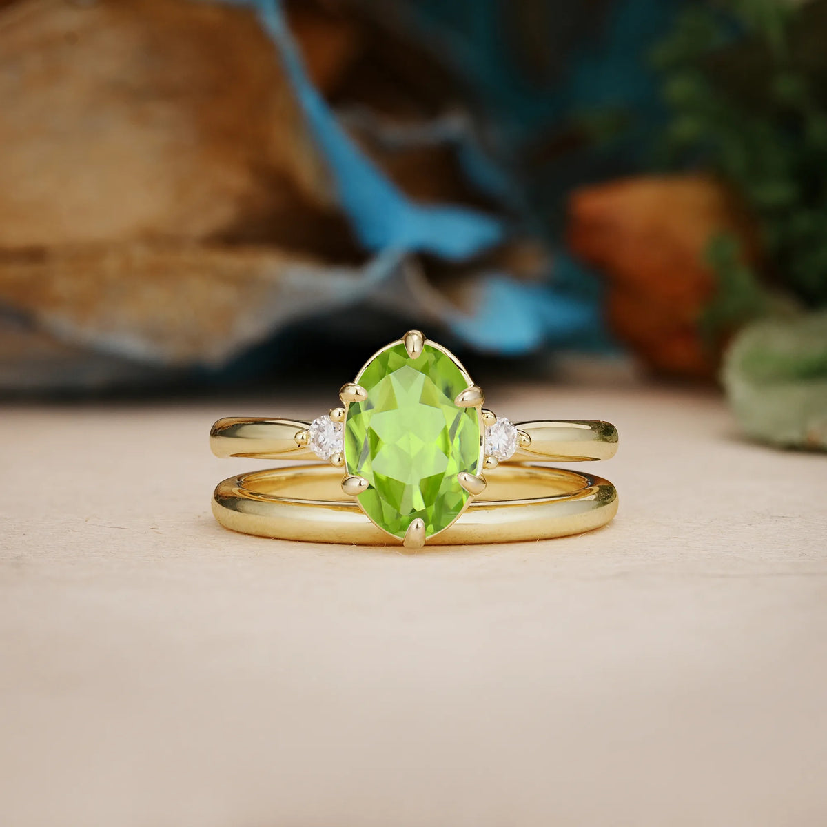 Oval Cut Peridot Clean Line Two Piece Main Stone Dual Side Accent Daily Wear Bridal Ring Set