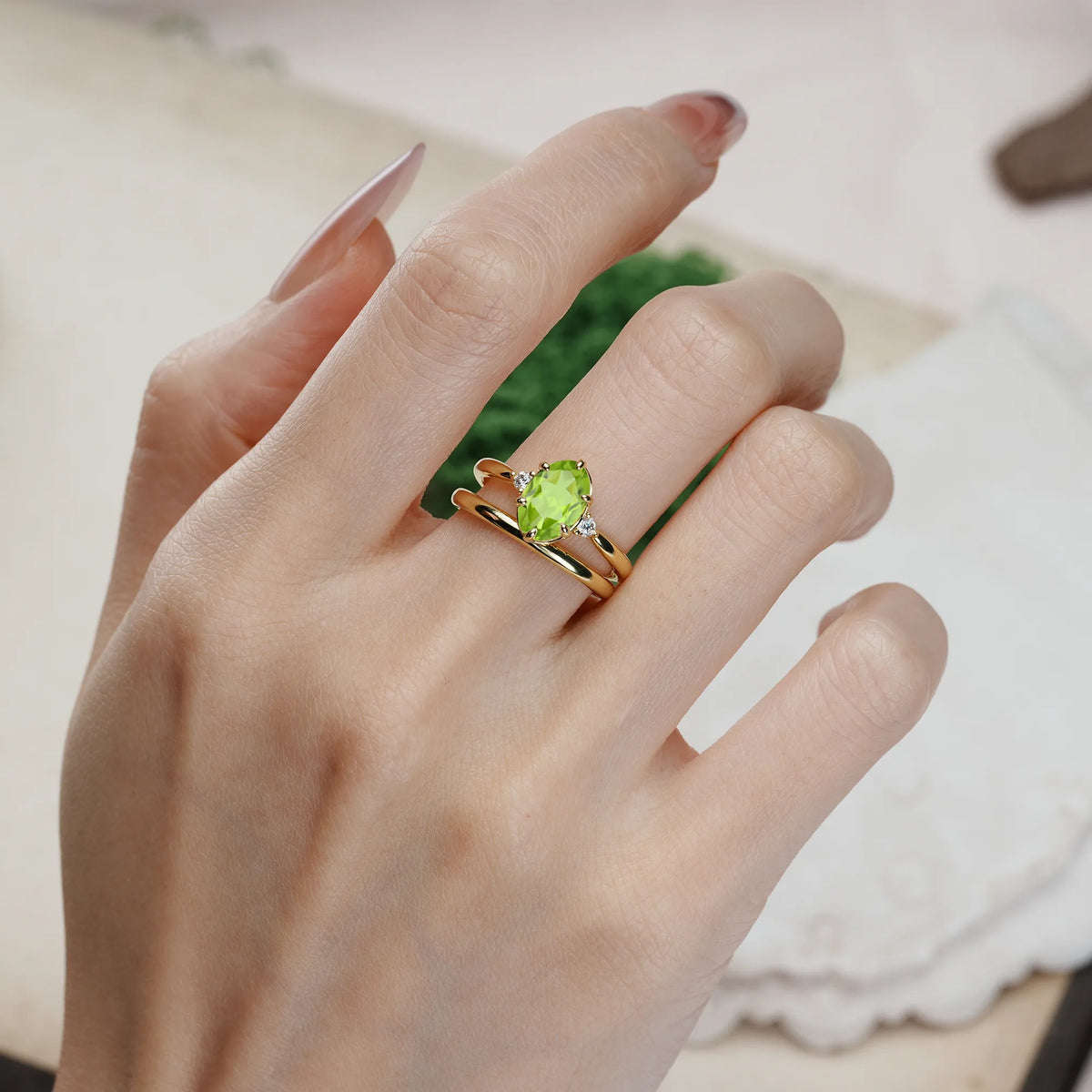 Oval Cut Peridot Clean Line Two Piece Main Stone Dual Side Accent Daily Wear Bridal Ring Set