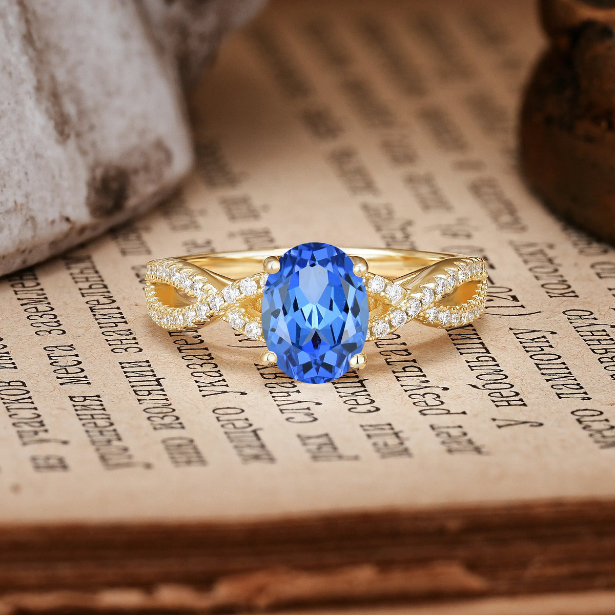 Classic Proposal Gift Oval Cut Infinity Twist Pavé Band Sapphire Engagement Ring