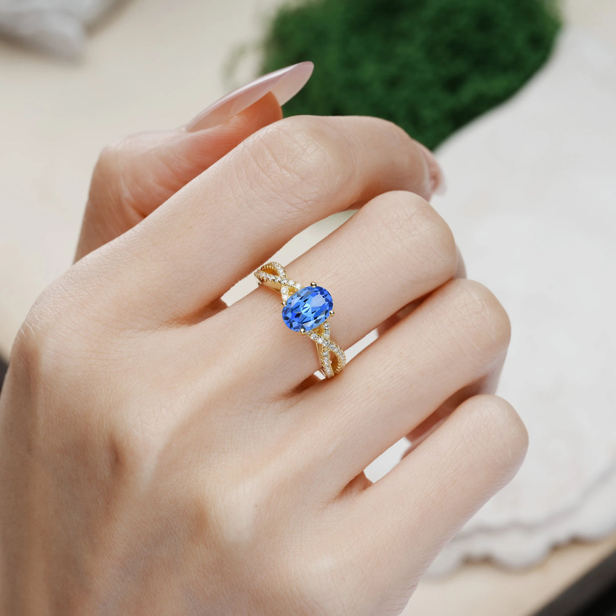 Oval Cut Sapphire Classic Proposal Gift Infinity Twist Pavé Band Engagement Ring