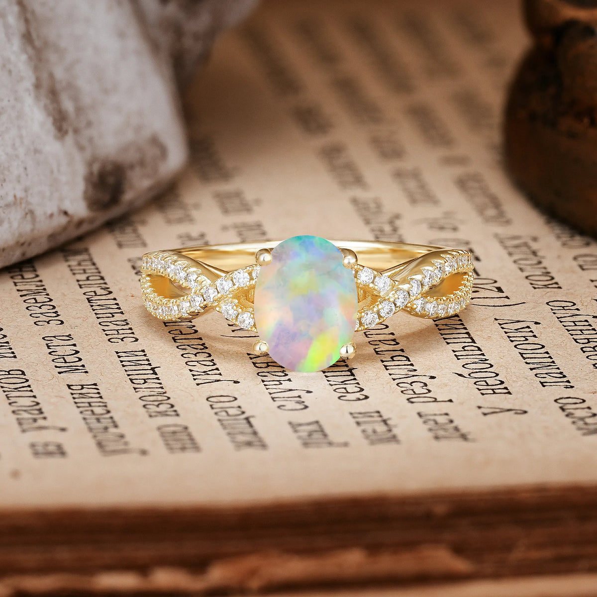 Classic Proposal Gift Oval Cut Infinity Twist Pavé Band Fire Opal Engagement Ring