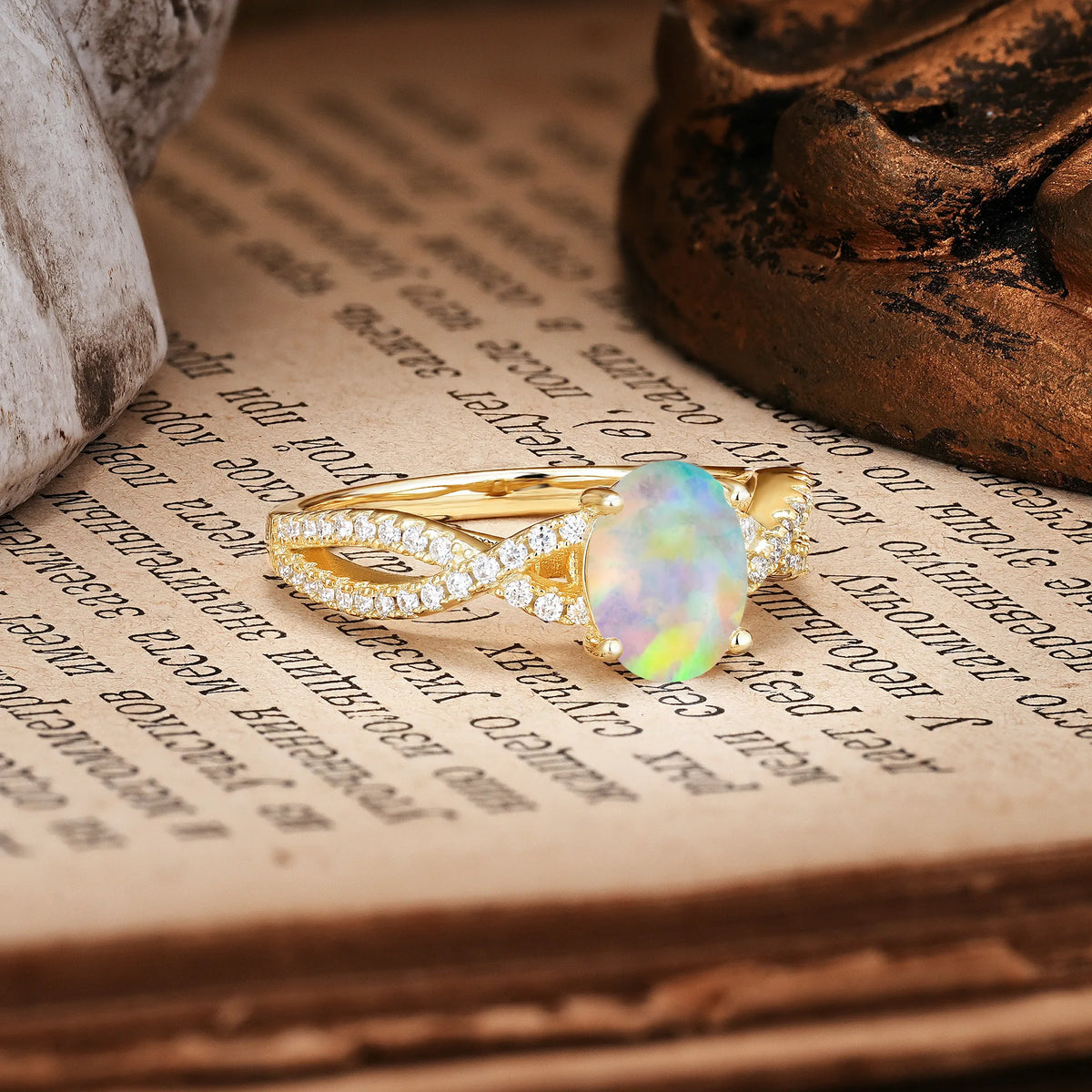 Classic Proposal Gift Oval Cut Infinity Twist Pavé Band Fire Opal Engagement Ring